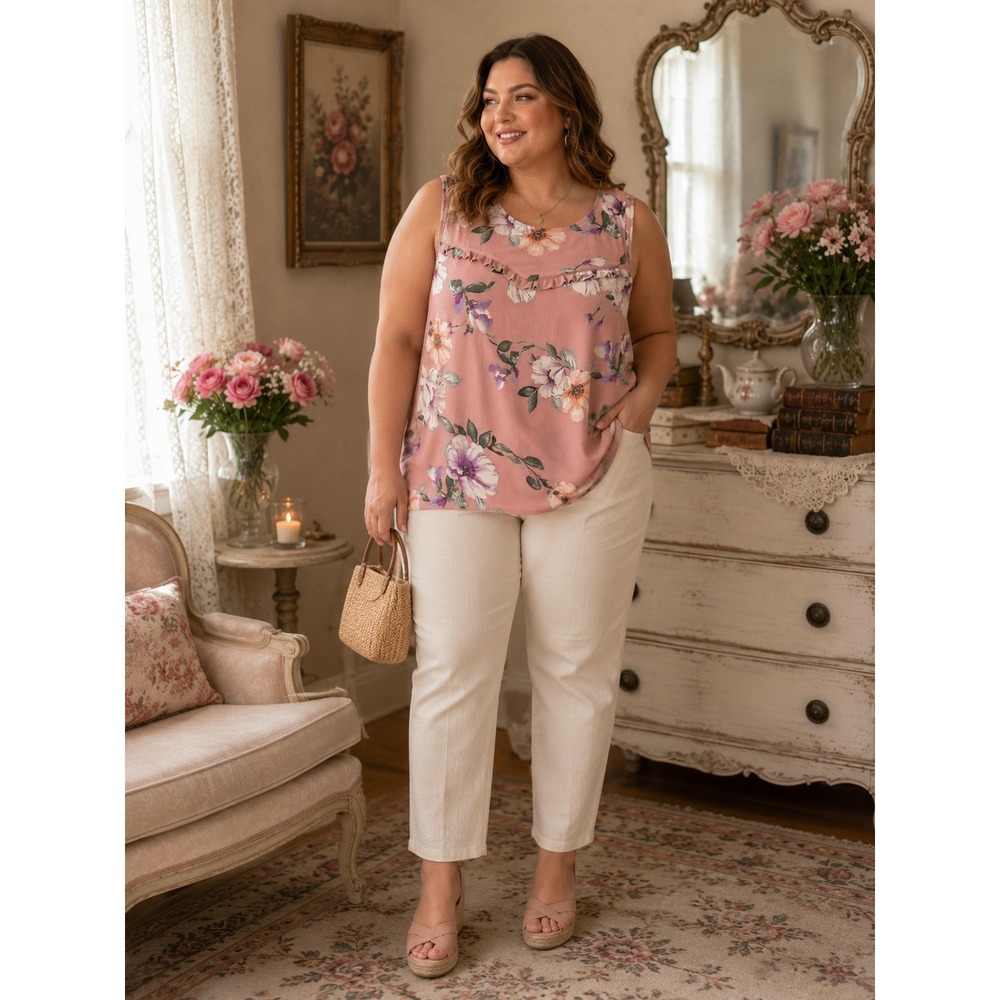 Apt. 9 XL Pink Floral Sleeveless Blouse Ruffle Neck Keyhole Back Stretch Top